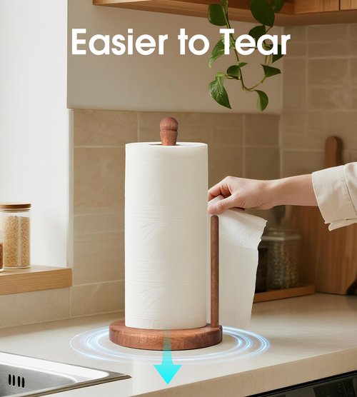 CHAUNCEY HOME Farmhouse Acacia Wood Paper Towel Holder, Weighted Base for Kitchen & Bathroom, One-Handed Operation, EPTHA, Standing Towel Roll Organizer, for Standard & Large Rolls, Large