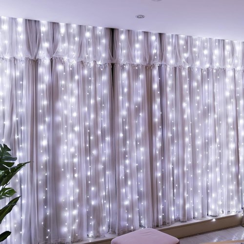HXWEIYE 300LED Fairy Curtain Lights - 9.8x9.8Ft USB Plug-In with Remote | 8 Modes for Wedding & Bedroom Decor, White