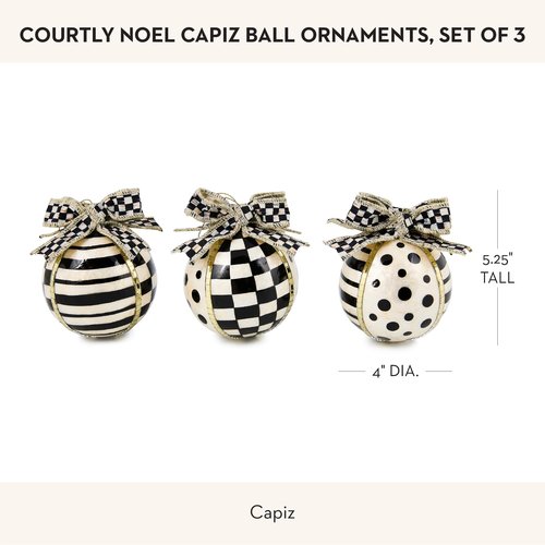 MACKENZIE-CHILDS Set of 3 Capiz Ball Ornaments, Christmas Tree Decorations Set, Black-and-White Courtly Noel