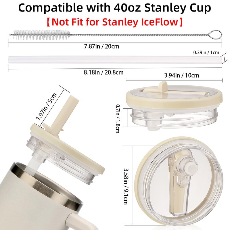 2 Pack Leakproof Stanley Lid Replacement 40 oz for Quencher H2.0 Cup Accessories, Cream-colored, Flip Straw Leak Proof 40oz Tumbler Lid for Stanley, BPA-free Cup Top, Spill Proof Straw Cover