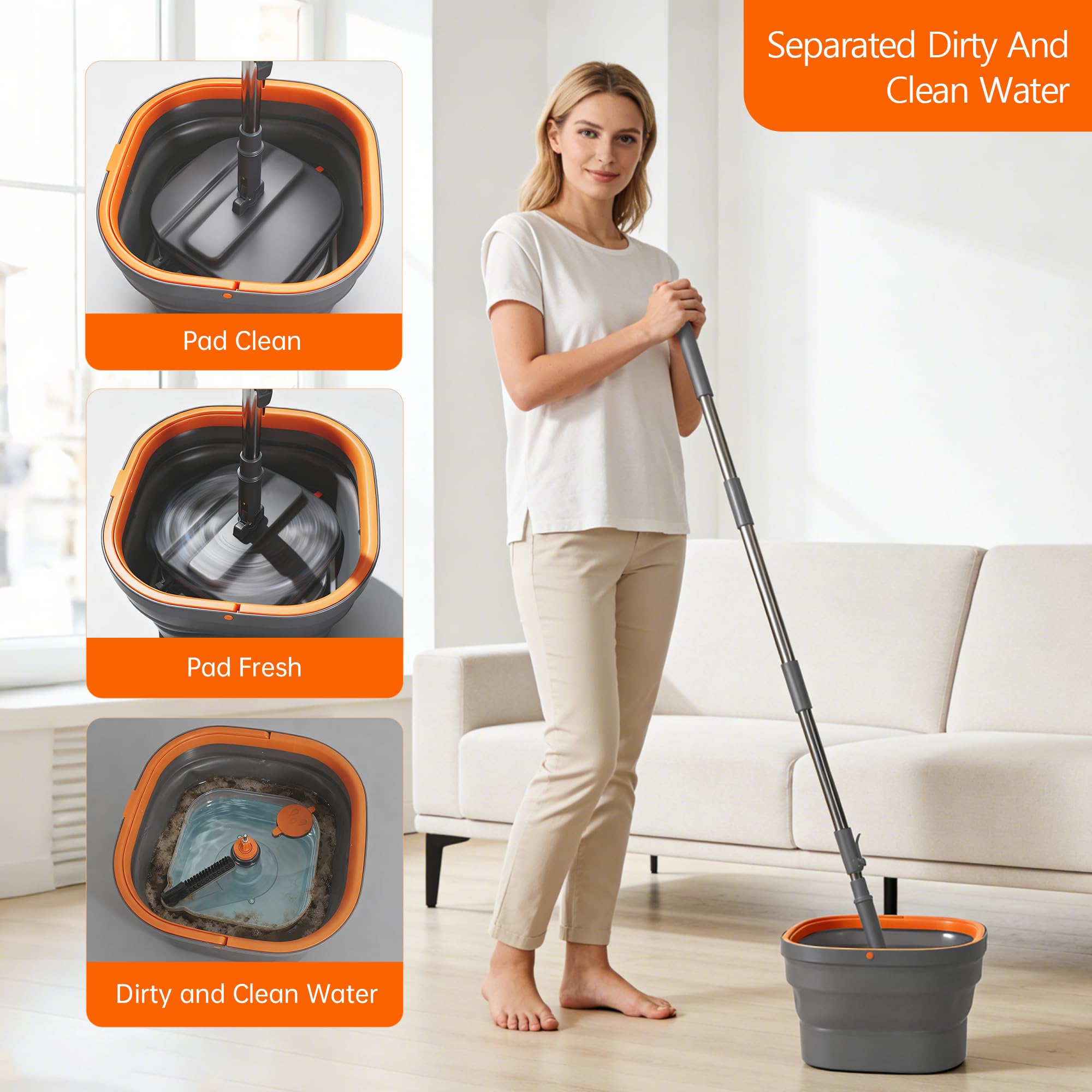 Collapsible Mop and Bucket Set, Spin Mop with Separate Dirty and Clean Water, 6 Replaceable Mopping Pads with Foldable Handle, Deep Cleaning Mops and Buckets for Household Use Floor Cleaning