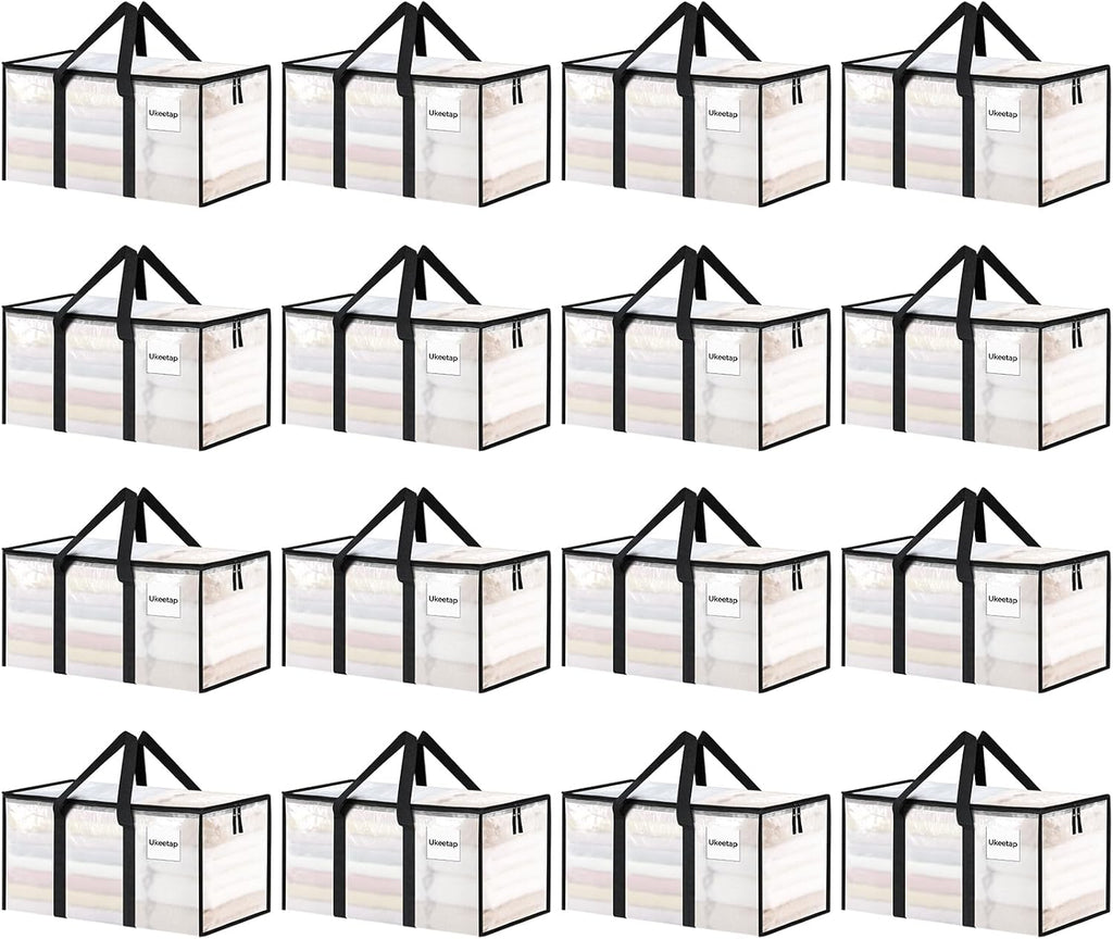 Skiennix Extra Large Heavy-Duty Moving Bags - 16 Pack with Reinforced Handles & Zippers | Clear Storage Totes for Clothes & Dorm Supplies