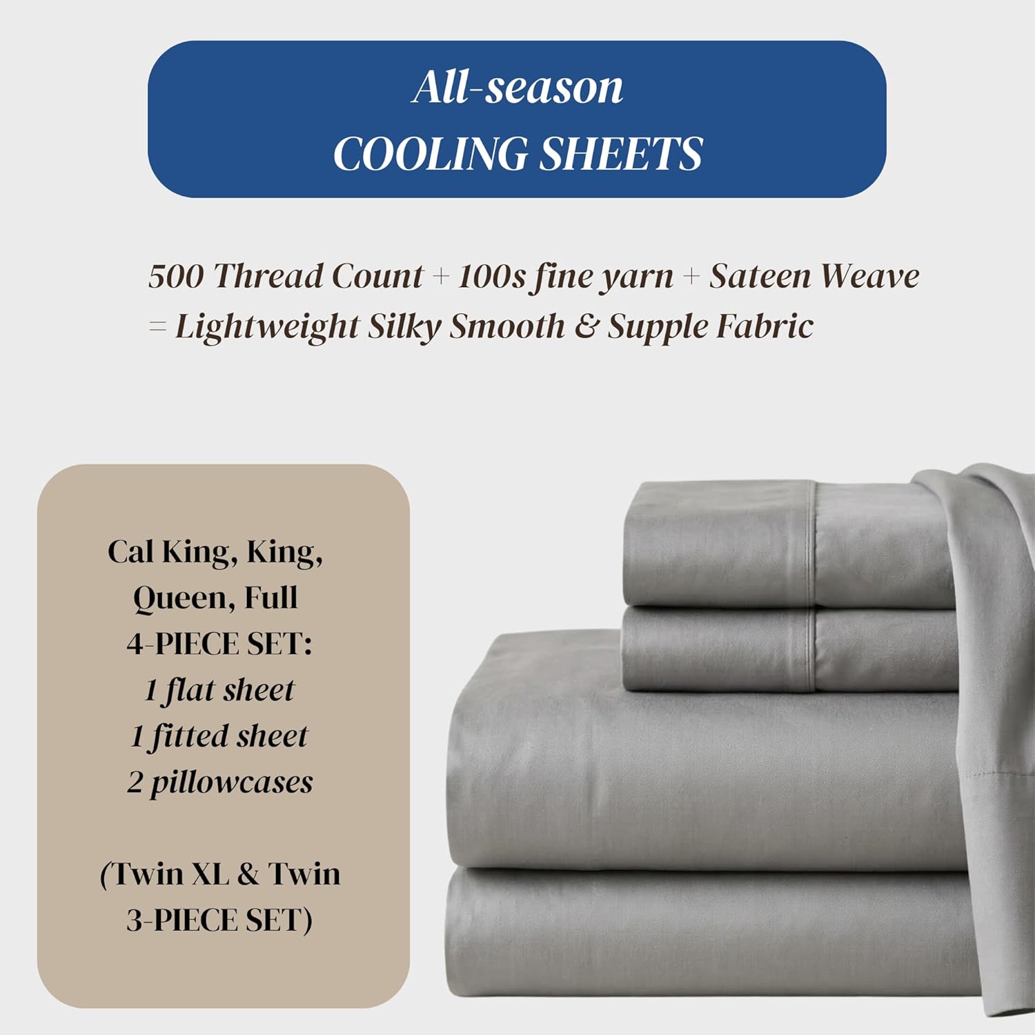 Beckham Hotel Collection Queen Sheets Set - 100% Cotton Sateen, Silky Smooth & Soft, 16” Deep Pocket, Gray
