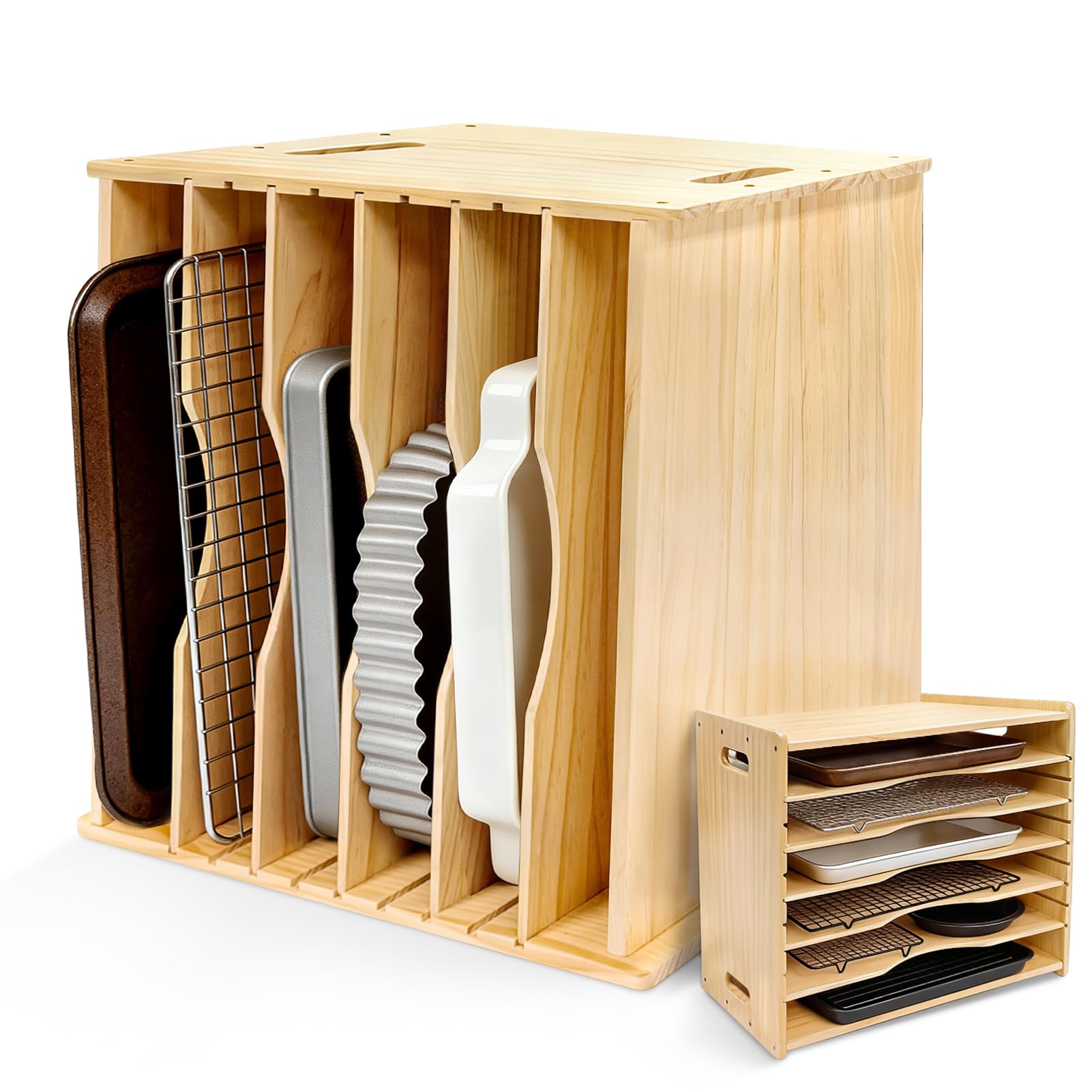 6 Tier Wooden Tray Dividers for Cabinets, Cookie Sheet Organizer 15.7" W x 16.5" H x 12.6" D Baking Sheets, Pans and Cutting Boards Organizer for Kitchen Cabinets or Countertop