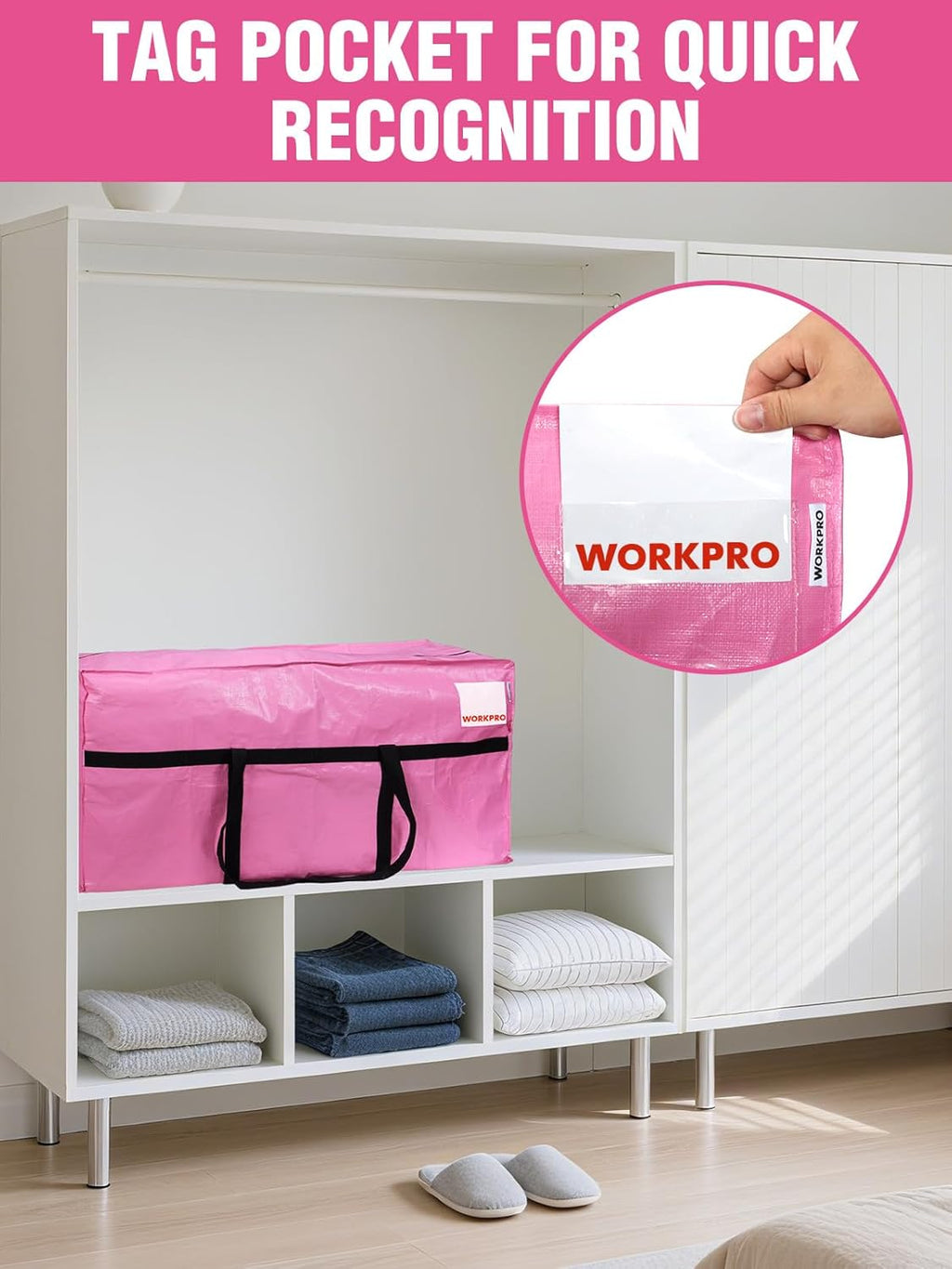 WORKPRO 66 Gallon Extra Large Moving Bag - Heavy-Duty, Water-Resistant Storage Tote | Pink with Zippers & Carry Handles