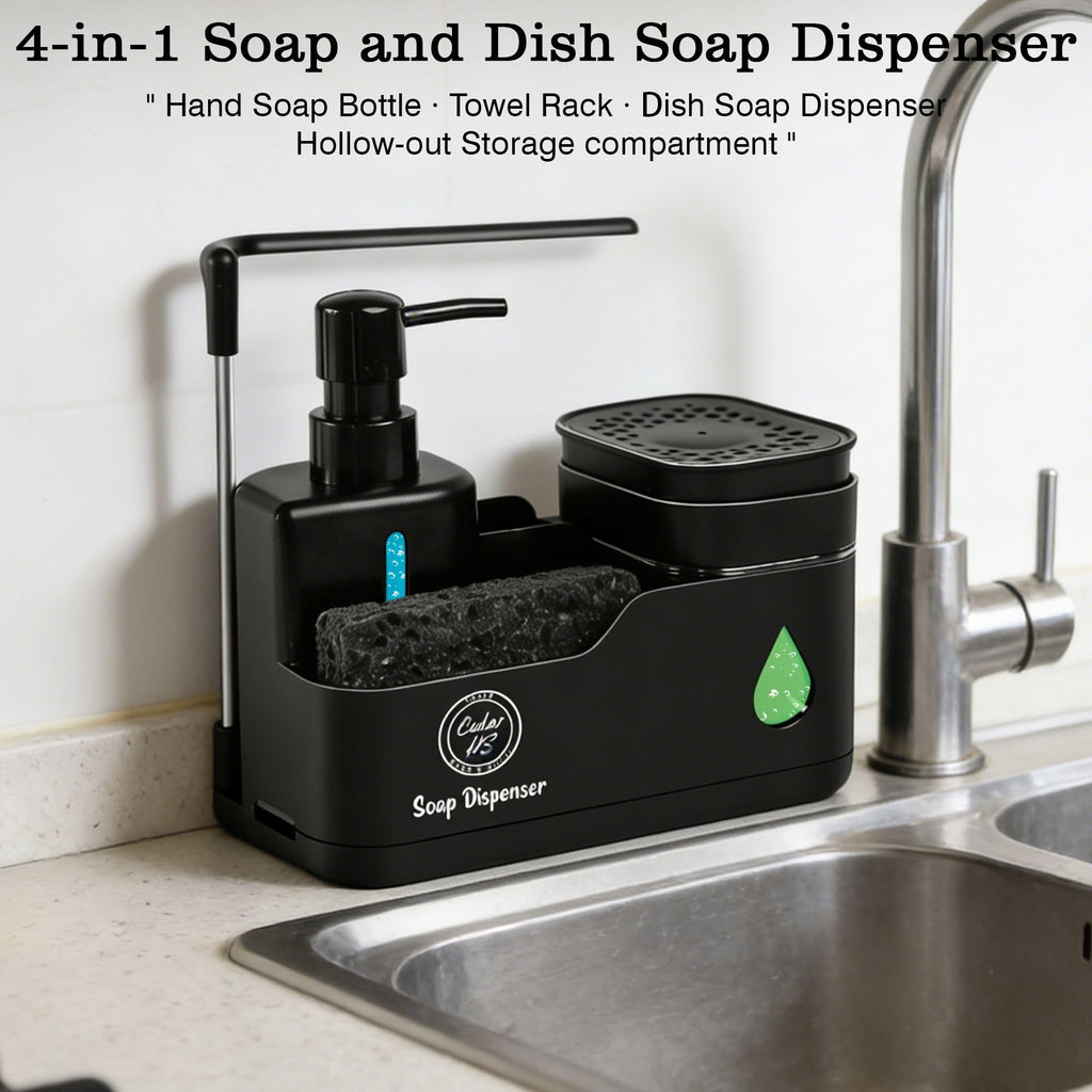 Kitchen Soap Dispenser Set (Black) – 4 in 1 Dual Pump Bottles with Sponge Caddy, Brush Holder, Towel Bar & Drain Rack – Space-Saving Countertop Organizer for Sink & Bathroom