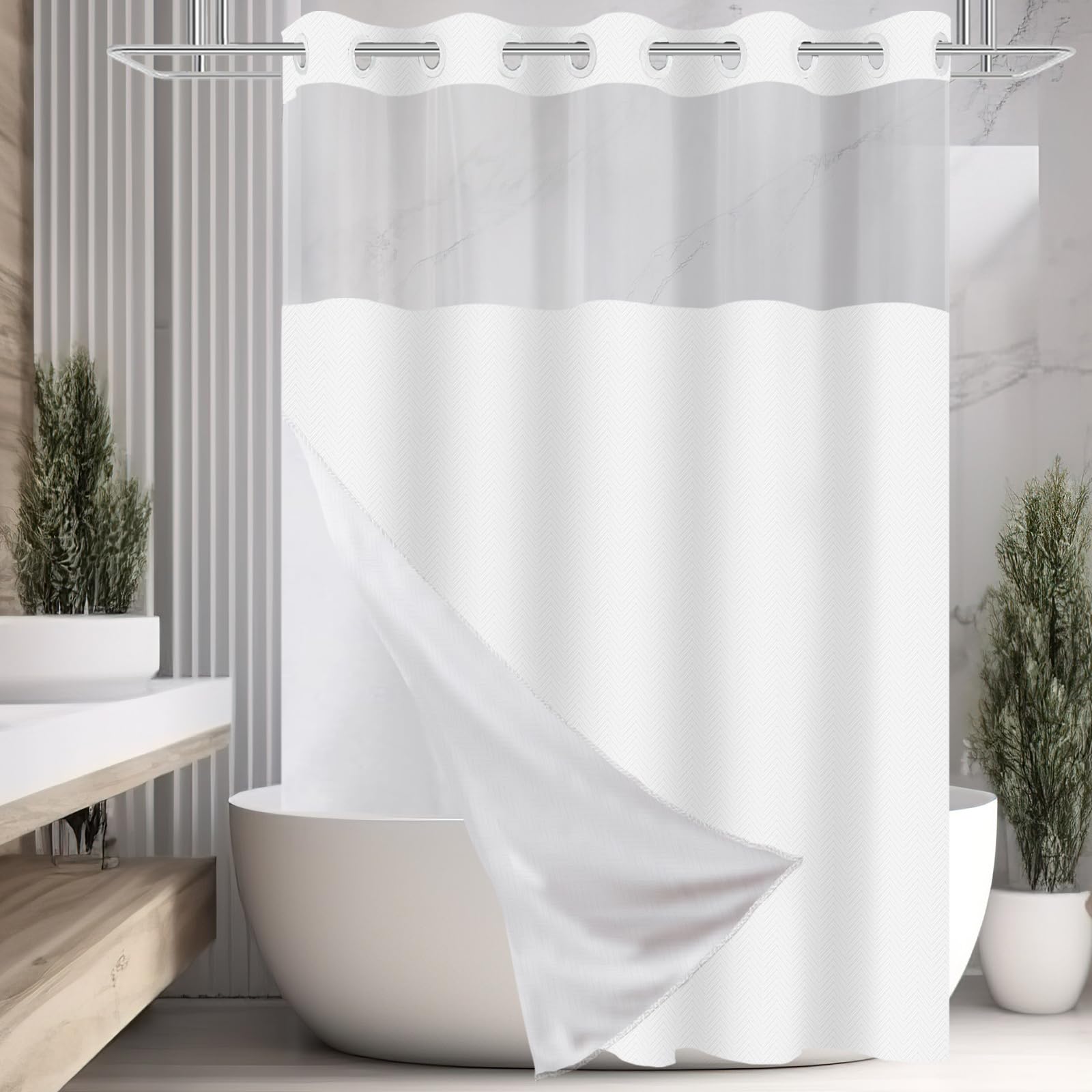 SSCRCUSLY No Hook Shower Curtain with Snap in Fabric Liner Set, White Chevron Hotel Style Bathroom Curtain, Washable and Water Repellent, 71x74 Inches