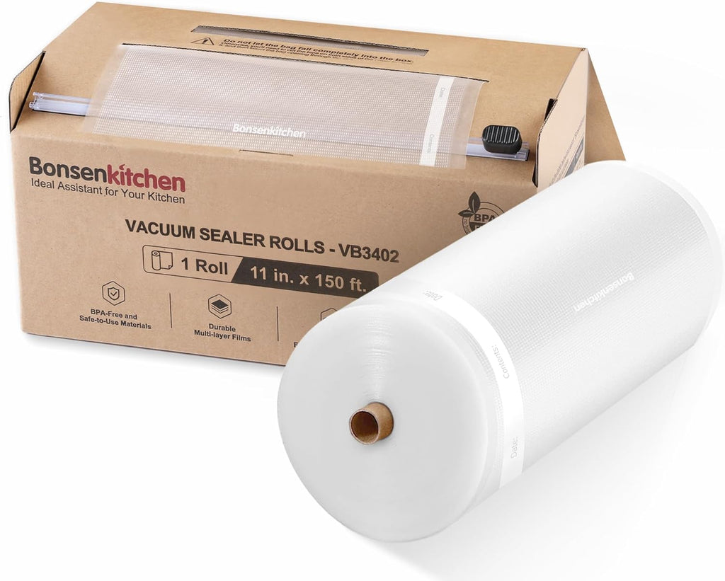 Bonsenkitchen Vacuum Sealer Bags Rolls - 11” x 150’ with Cutter, BPA Free for Meal Prep & Sous Vide Cooking | Easy to Cut & Seal