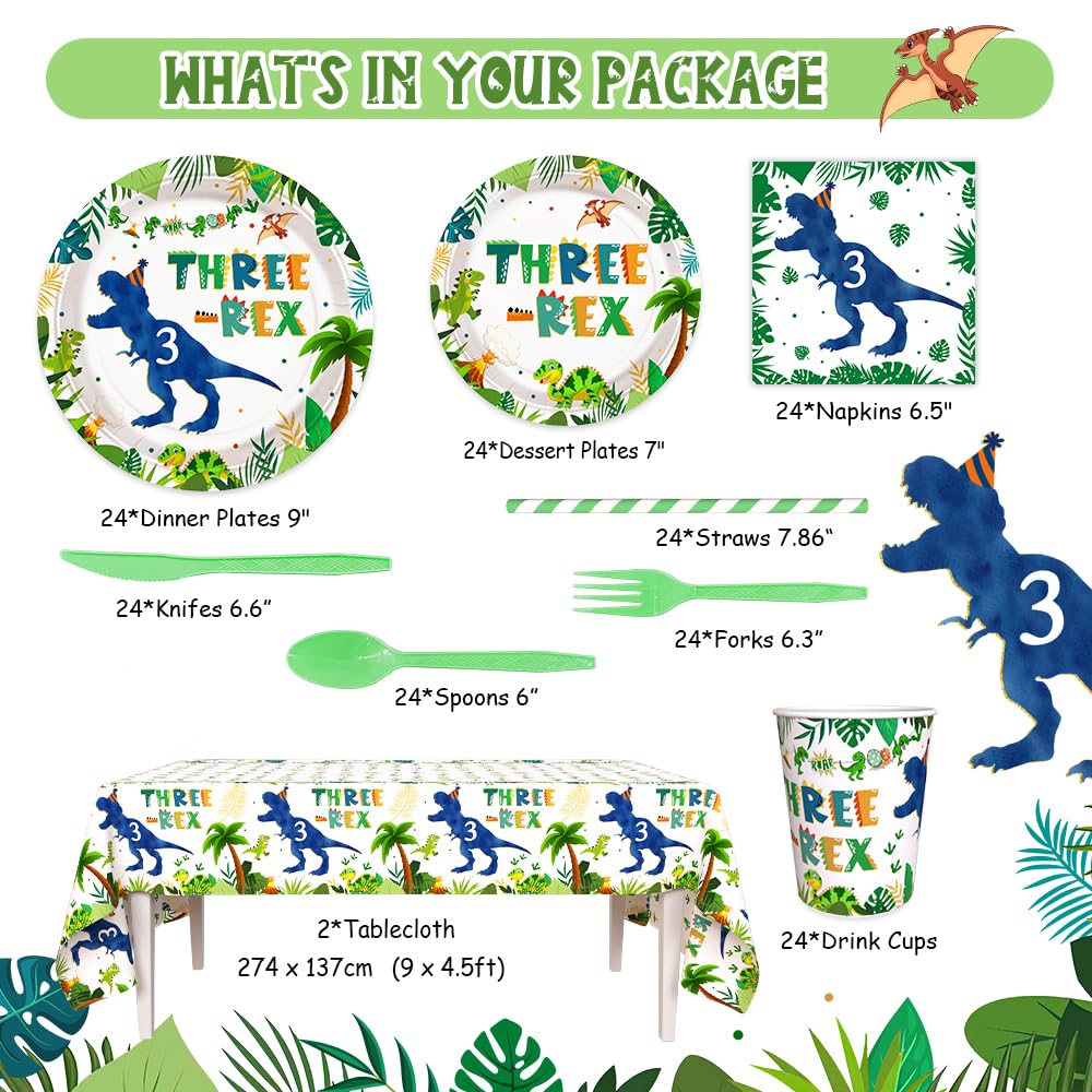 AIBIIN 194pcs Three Rex Birthday Decorations for Boy 3rd Birthday Party Plates, Cup, Napkin, Tablecloth, Tableware, Dinosaur 3 year old Birthday Party Supplies Plates Serve 24 Guests