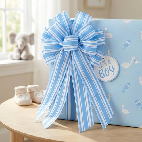 Blue White Striped Wreath Bow - Large 20x11 Inch Premade Baby Shower Decor | Summer Coastal Home Accent