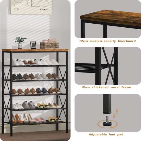 TIFFLOI 6-Tier Shoe Rack Organizer, Large Capacity Shoe Storage Shelf for Entryway, Closet, Rustic Brown & Black, Metal Mesh Shelves, Holds up to 24 Pairs of Shoes, Easy Assembly, Adjustable Feet