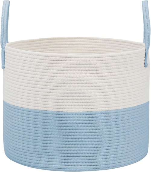 JMvicyroam 65L Extra Large Blanket Basket - Woven Cotton Rope Laundry Hamper with Reinforced Handles | Machine Washable, White & Blue