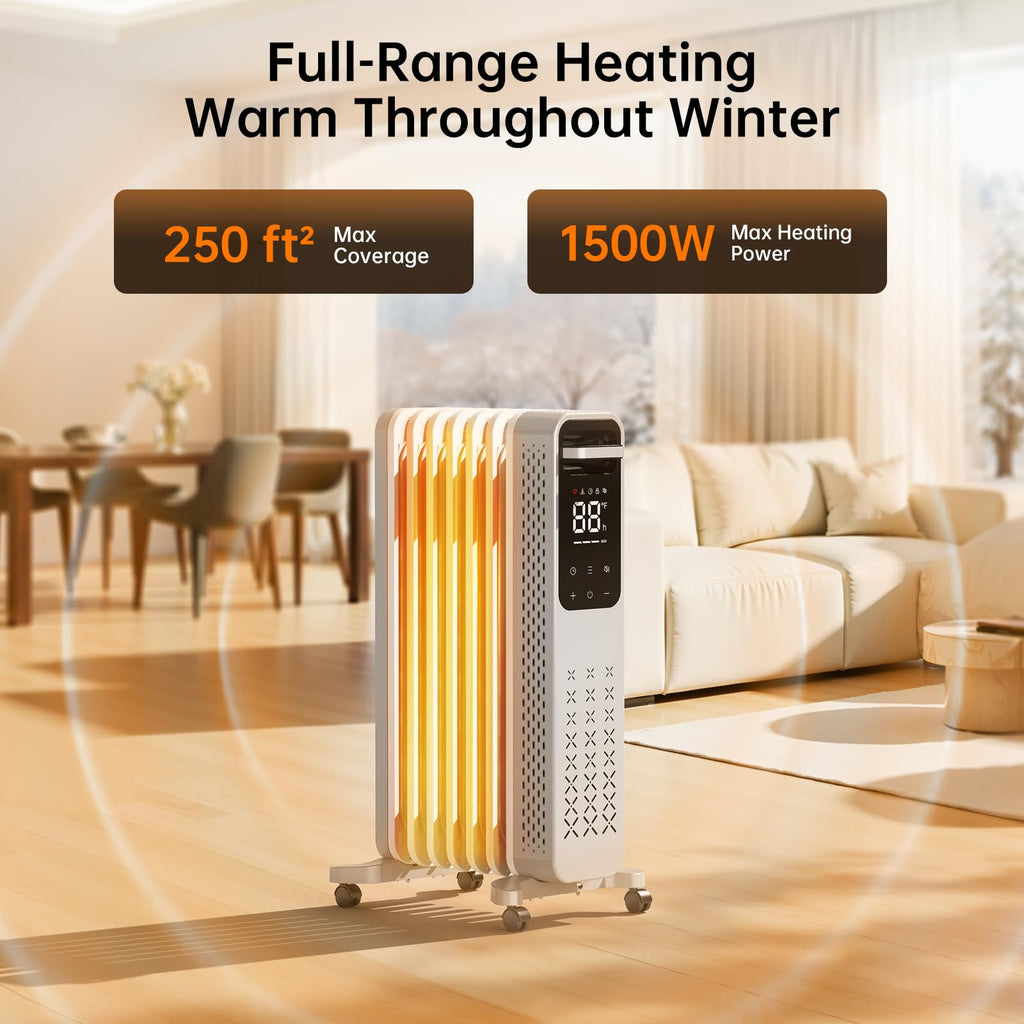 ZAFRO 1500W Oil Filled Radiator Heater, Energy Saving & Digital Thermostat, 24H On/Off Timer, Quiet Portable Wheeled Heater with Tip-Over & Overheat Protection for Home Office Indoor Use, Grey