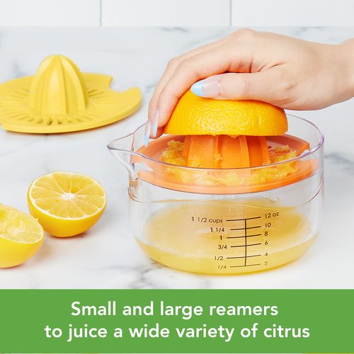 Tovolo All-in-1 Citrus Juicer and Zester Set, White & Yellow – Manual Juicer with Measuring Cup, Dual Reamers, BPA-Free, Dishwasher Safe, Compact Storage