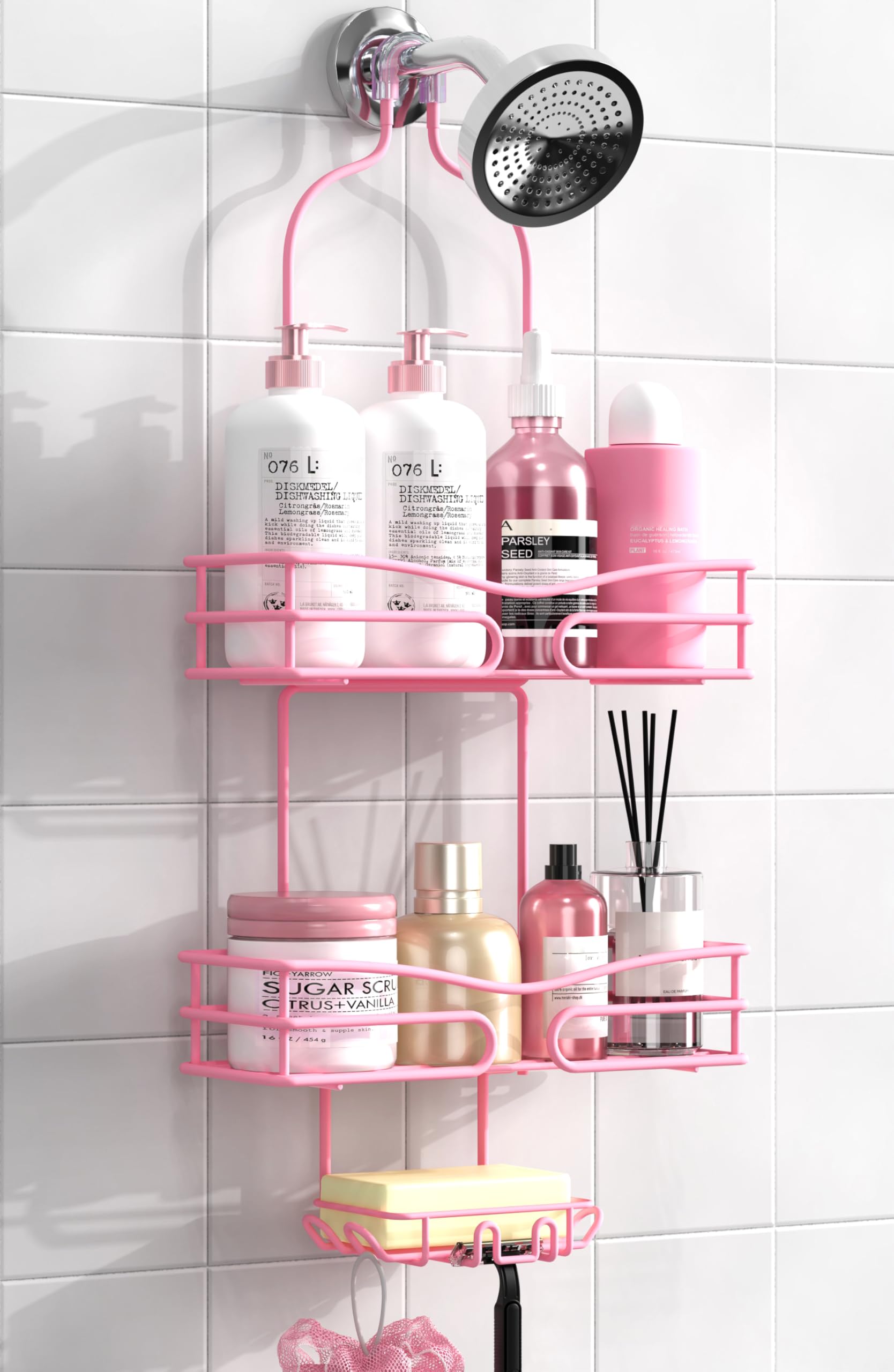 DAOYA Pink 3-Tier Over Head Shower Caddy with Soap Holder & 6 Hooks - Hanging Shower Caddy for Bathroom Organizer