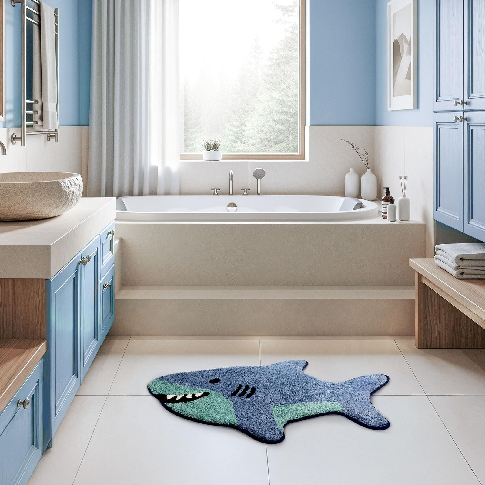 Percozzi Shark Shaped Bathroom Rug, Soft Absorbent Cute Animal Bath Mat with Non-Slip Backing, Washable Shark Rug for Bathroom Floor, Tub & Shower Decor, 25"x39"