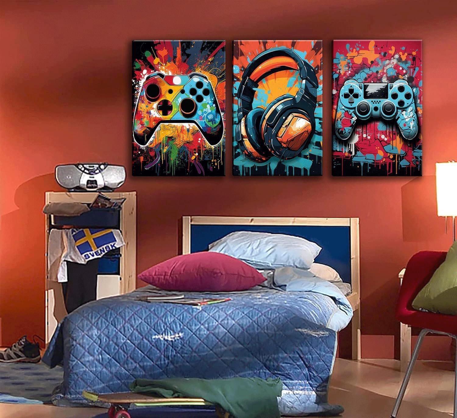 Skiennix Gaming Wall Art - Retro Video Game Watercolor Posters | Colorful Neon Gamepad Canvas Prints - 12x16in