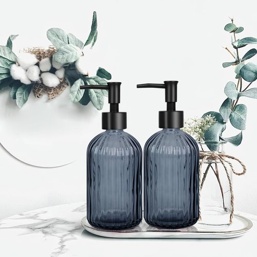 Glass Soap Dispenser with Plastic Pump, Hand Soap Dispenser for Hand Wash, Lotion Dispenser for Dishwashing Liquid, Lotion Shower Gel (Striped Blue Grey)