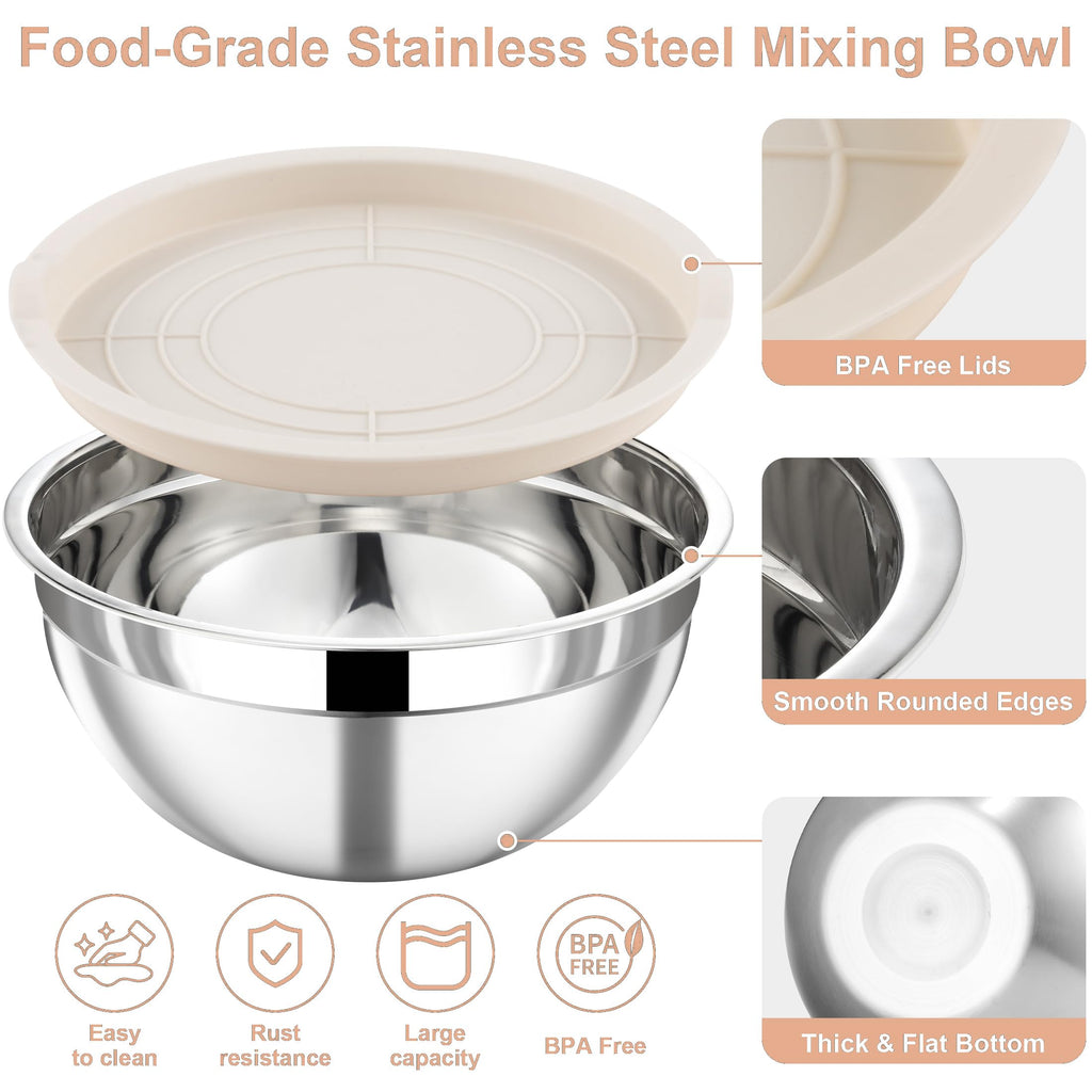 Funnydin 7 Piece Stainless Steel Mixing Bowls with Lids Set - Khaki Nesting Metal Mixing Bowls for Kitchen, Sizes 4.5, 4, 3.5, 2.1, 1.5, 1.1, 0.7 Qt for Baking, Cooking and Serving, Dishwasher Safe