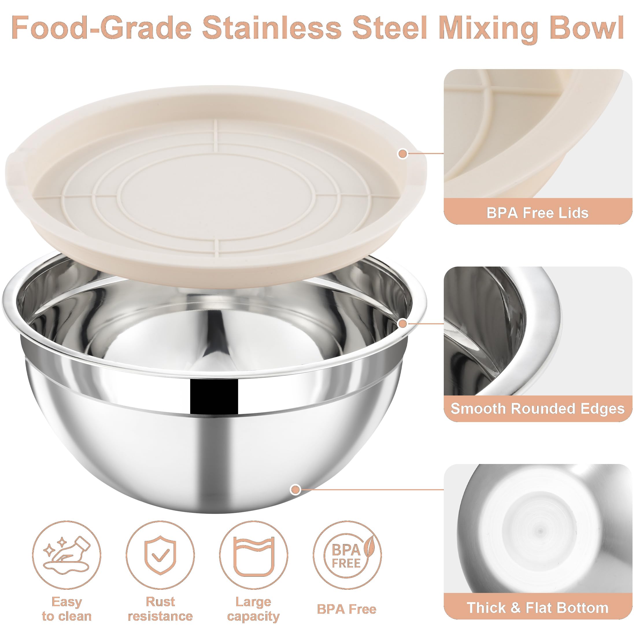 Funnydin 7 Piece Stainless Steel Mixing Bowls with Lids Set - Khaki Nesting Metal Mixing Bowls for Kitchen, Sizes 4.5, 4, 3.5, 2.1, 1.5, 1.1, 0.7 Qt for Baking, Cooking and Serving, Dishwasher Safe