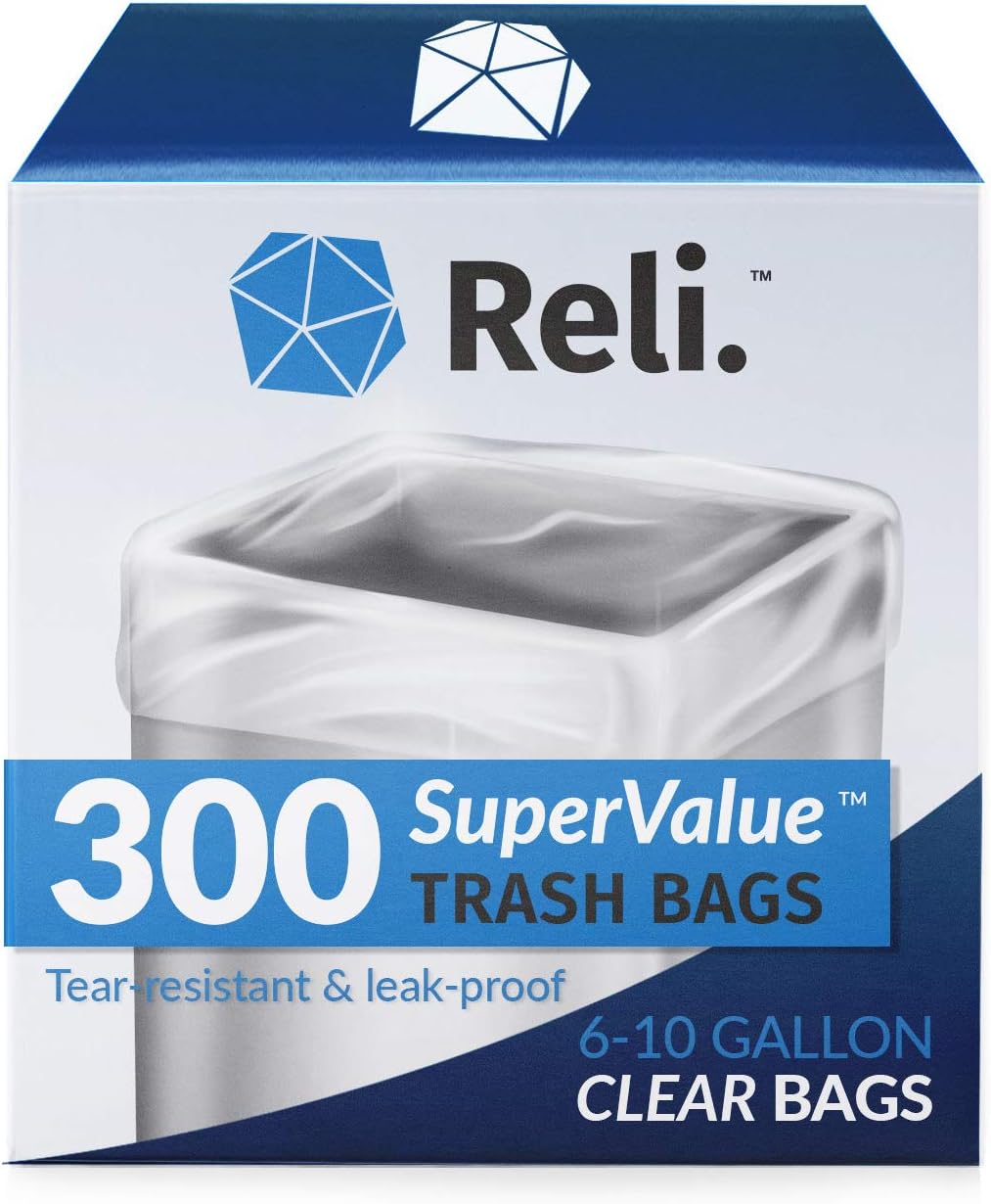 Reli. 6-10 Gallon Trash Bags - 300 Clear Garbage Bags for Strong Bathroom Use
