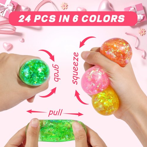 24 Pack Valentines Day Gifts for Kids Classroom Stress Balls with Valentines Cards for Kids School, Stress Relief Squeeze Toys Valentines for Class Party Favors for Boys Girls Classroom Exchange Gift