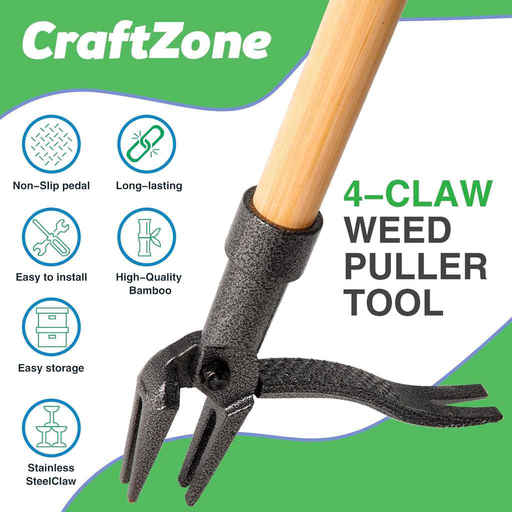 Skiennix Stand-Up Weed Puller Tool - 4-Claw Steel Head with Wooden Handle | Effortless Weeding Without Bending