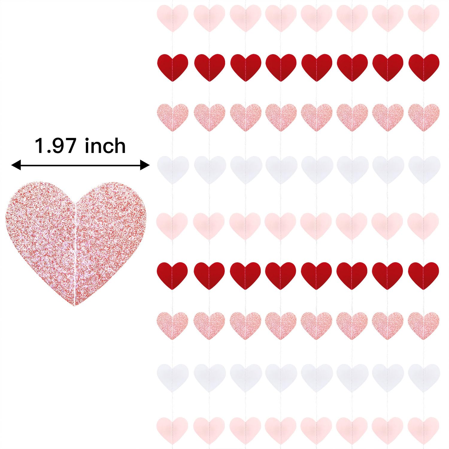 XIANMU 8 Strands Heart Garland Valentines Day Heart Paper Streamers Banner Rose-Gold Pink Burgundy-Red Party Decorations for Mothers Day Wedding Engagement Party Supplies