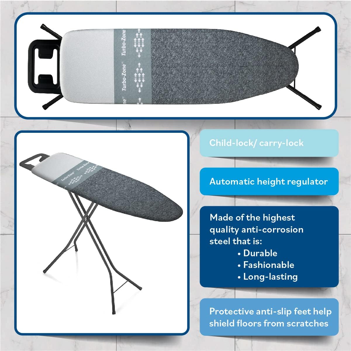 Bartnelli by Rorets Classic Ironing Board - EZ-Glide Technology, Height Adjustable, 13x43 Surface, Premium 4-Layer Cover