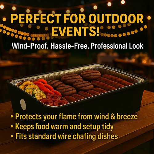 Chafer Wind Guard by Merchlio- 4 Pack | Handle Covered Chafer Dish Covers | Fitted, Washable & Elegant Buffet Decor | Functional Catering Wind Guard | Black