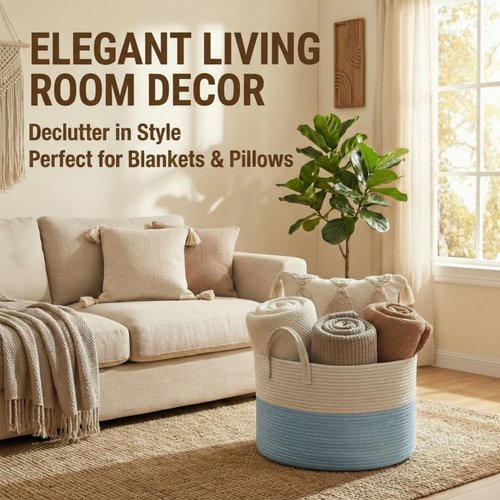 JMvicyroam 65L Extra Large Blanket Basket - Woven Cotton Rope Laundry Hamper with Reinforced Handles | Machine Washable, White & Blue