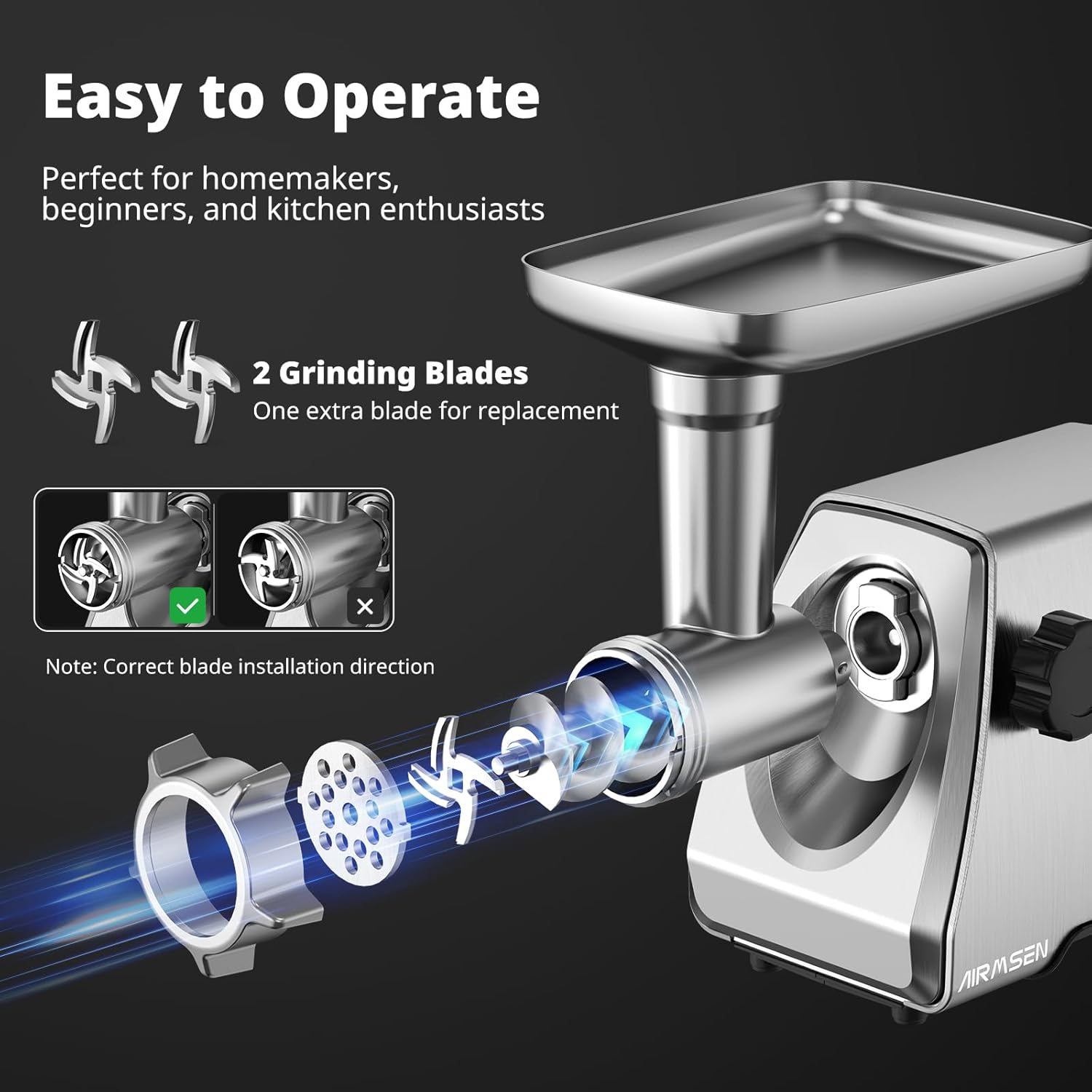 AIRMSEN Electric Meat Grinder & Tomato Sauce Press - Heavy Duty Food Mill for Home Cooking