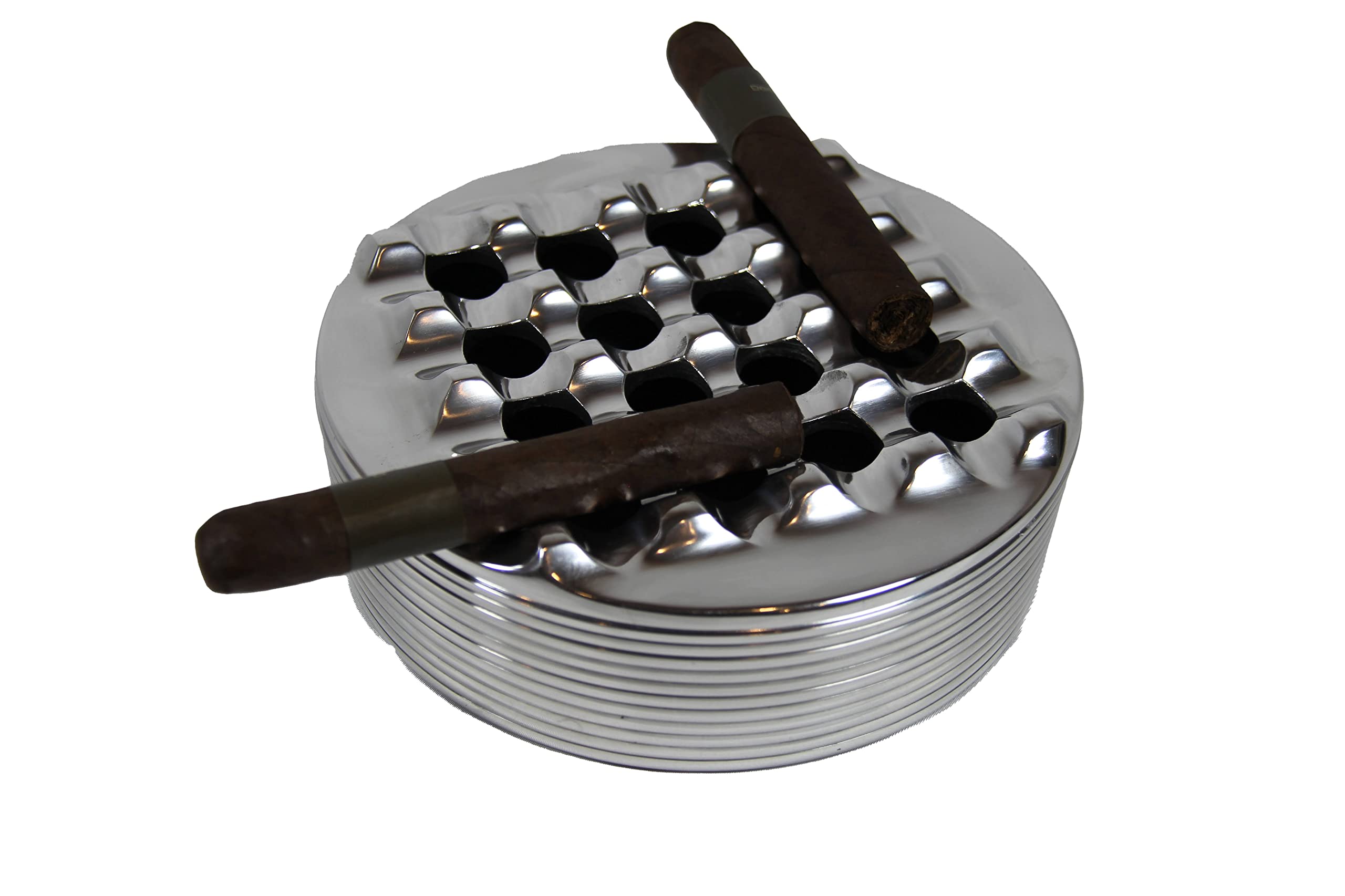 Aluminum Metal Cigar Ashtray with Lid For Men-Durable handcrafted 16 Holes Grid Design Cigar Ash Tray for indoor and outdoor - Wind Resistant Round Ashtray for Cigars to Cigarillos (SILVER)