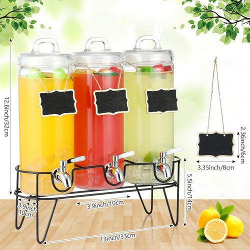 RimCereal 3 Pack 80 oz Tall Glass Drink Dispenser with Stand, Lid, Label and Stainless Steel Leakproof Spigot Beverage Water Dispenser Clear Mason Jar for Party Fridge(Round)