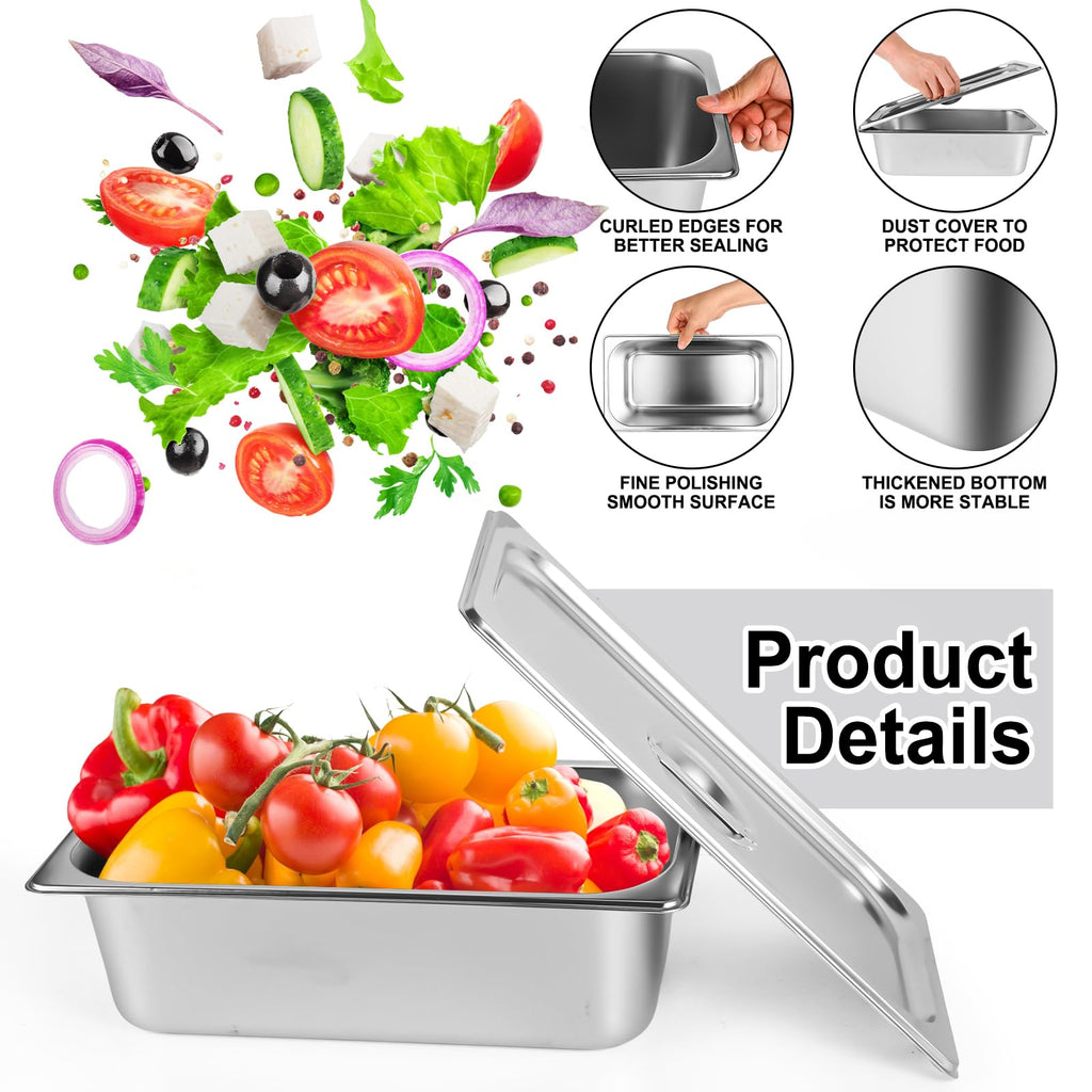 8 Packs Stainless Steel Hotel Pans with Lids 1/4 Size x 6" Deep Steam Table Pan Commercial Food Storage Containers Stackable Metal Steamer Pan Anti-Jam Hotel Restaurant Warm Pans