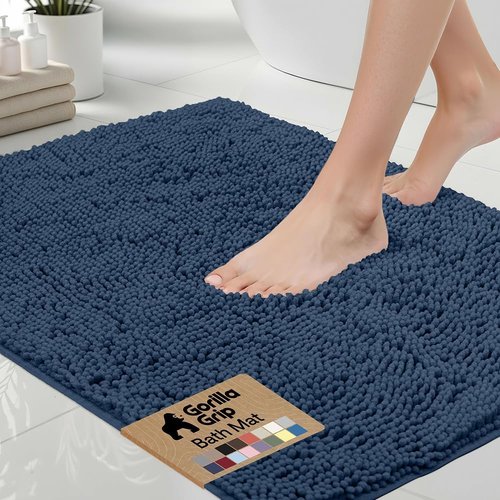 GORILLA GRIP Bath Rug Mat - Soft Absorbent Chenille | Quick-Dry Microfiber, 48x17, Navy