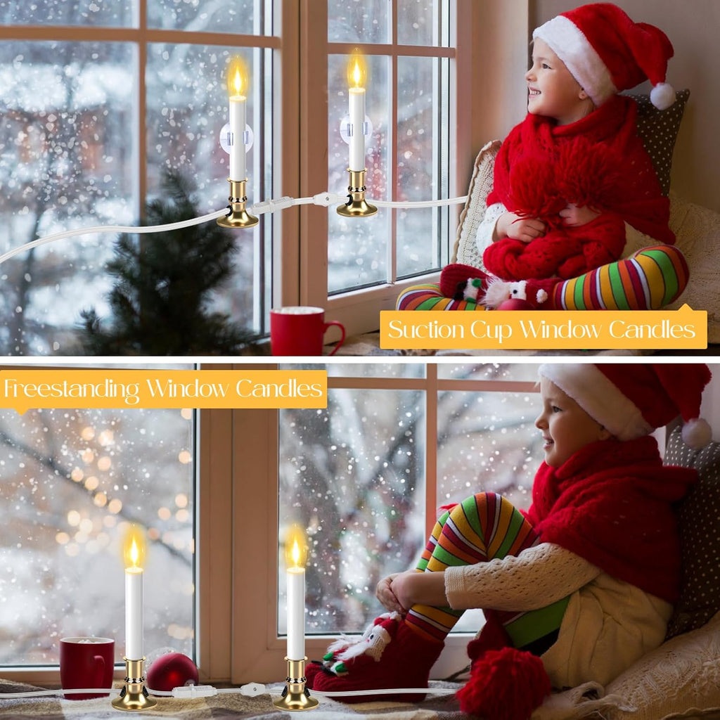 Skiennix Christmas Electric Window Candle Lights - 2 Pack with Gold Base & 6FT Cord | Clear Bulb & Suction Cups