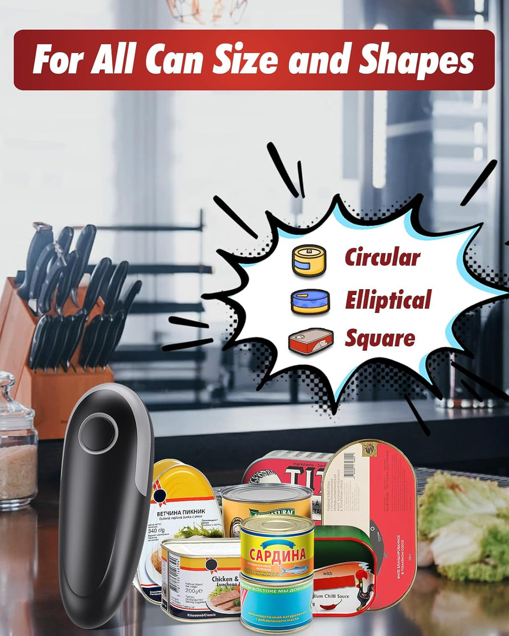 **Black+Grey One Touch Electric Can Opener - Fits All Can Sizes | Smooth Edge, Battery Operated for Seniors & Chefs**