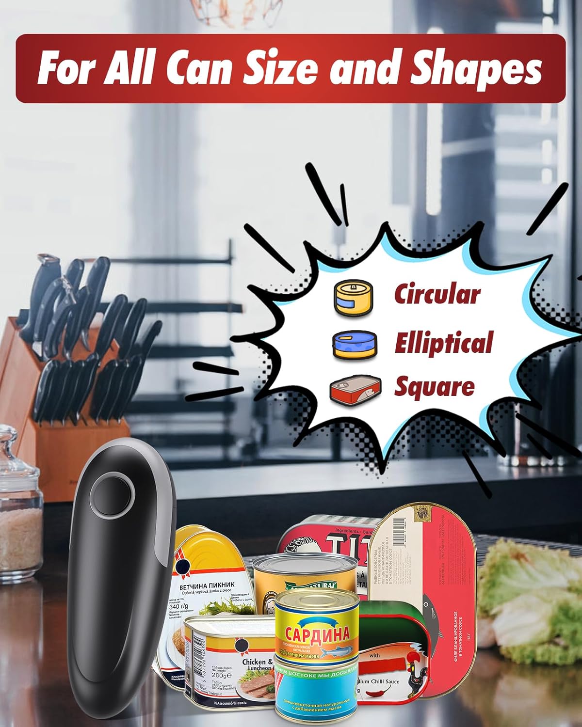 **Black+Grey One Touch Electric Can Opener - Fits All Can Sizes | Smooth Edge, Battery Operated for Seniors & Chefs**