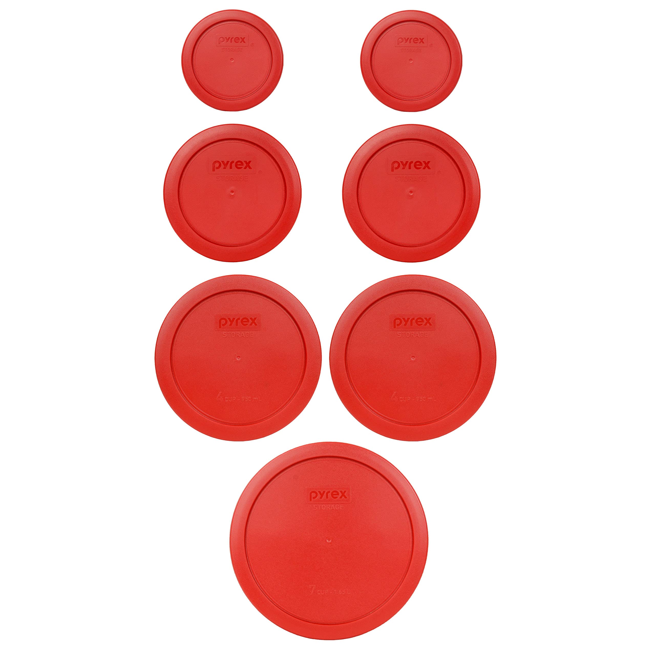 Pyrex (2) 7202-PC 1-Cup, (2) 7200-PC 2-Cup, (2) 7201-PC 4-Cup, & (1) 7402-PC 6/7-Cup Poppy Red Lids - Made in USA