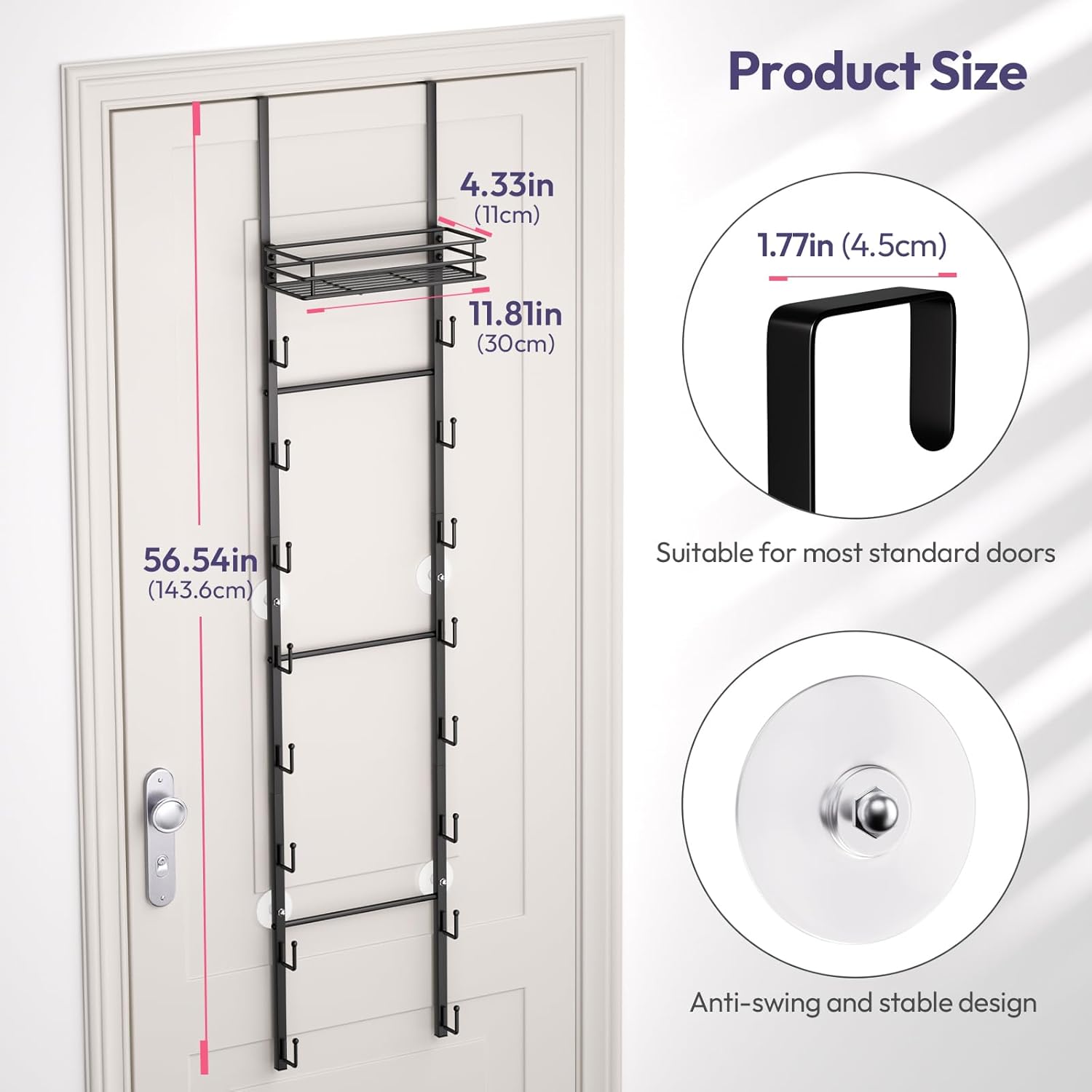 SWTYMIKI Over The Door Purse Organizer - Wall-Mounted Handbag Storage Rack with 16 Hooks & Metal Basket