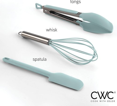 COOK WITH COLOR Stainless Steel Tongs Set - Silicone Tipped Kitchen & BBQ Utensils, 3 Pieces, Green