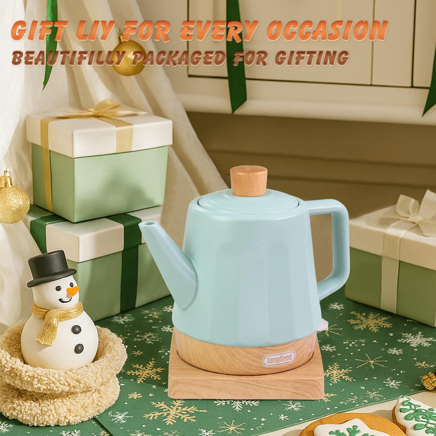 LONGSEED Electric Kettle Ceramic 1.2 qt, Automatic Shut Off, Fast Boiling Kettles Teapot, Hot Water Boiler For Coffee & Tea, Prevent Boil Dry, 1000W, Milky Green