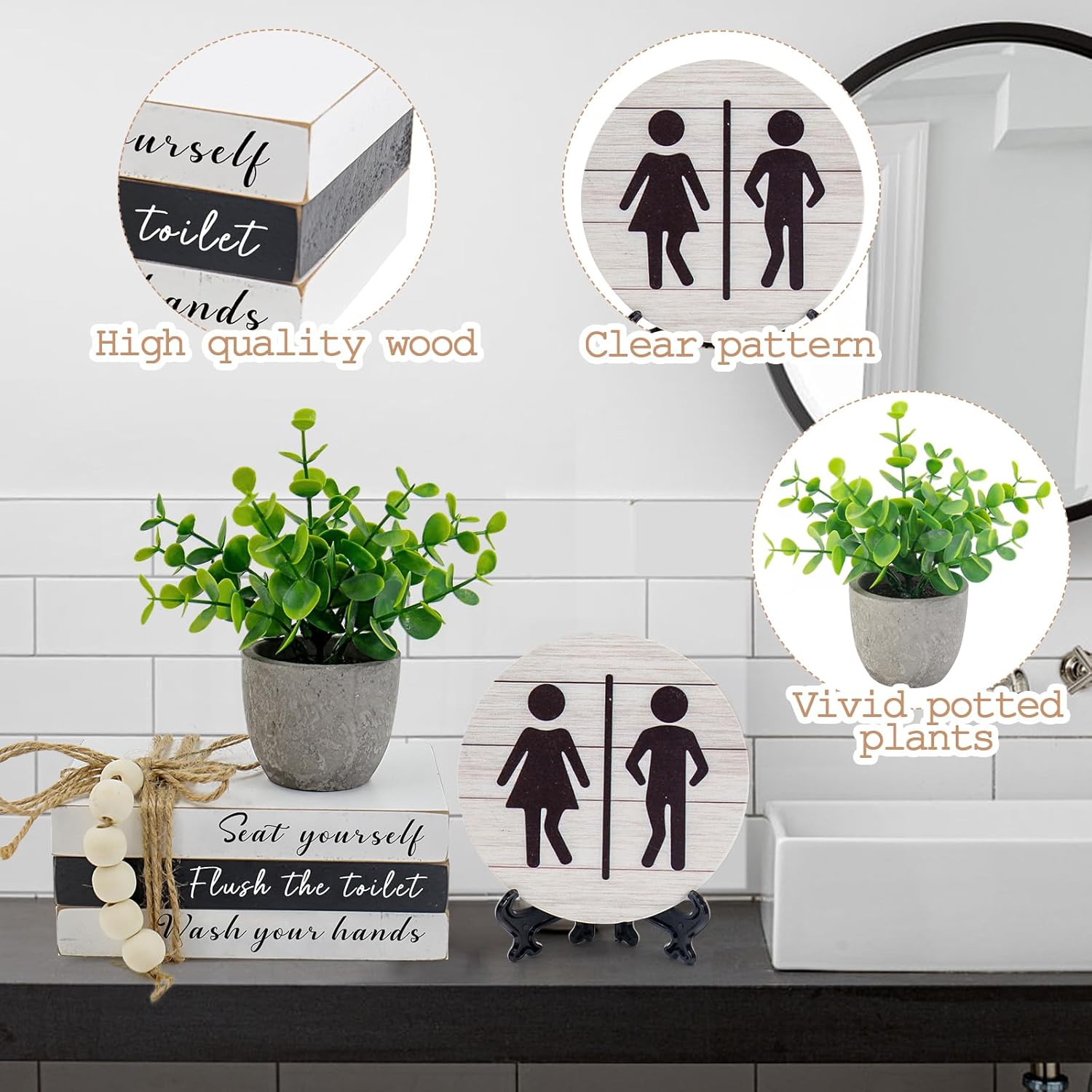 Regine Switzerland Bathroom Shelf Decor - Funny Wooden Signs with Fake Plants | 3D Round Design for Guest Restrooms