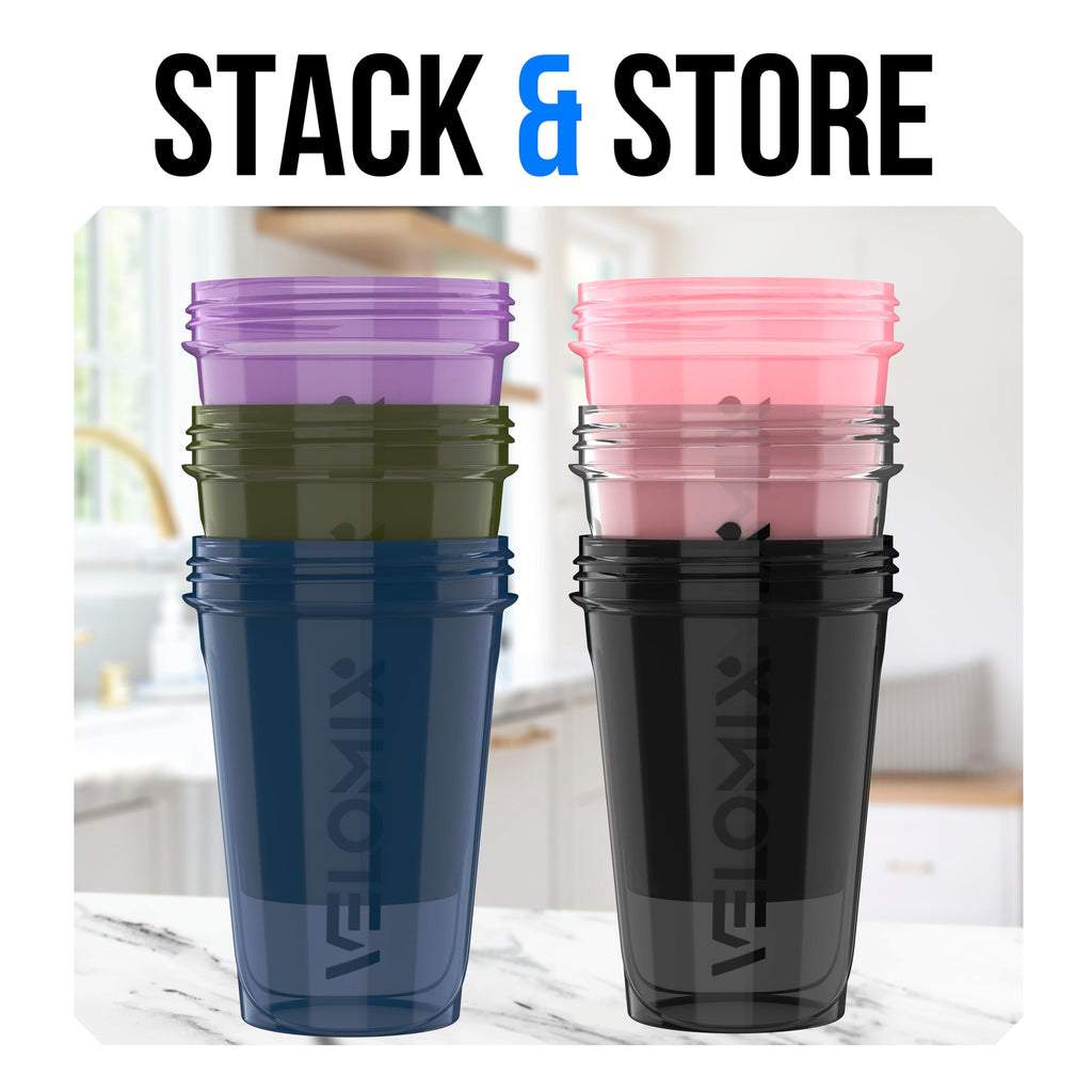 VELOMIX -6 PACK- 20 oz Protein Shaker Bottle for Protein Mixes - 6x Wire Whisk | Leak Proof Shaker Cups for Protein Shakes| Stackable Protein Shaker Bottle Pack | Dishwasher Safe (Muted Contrast)