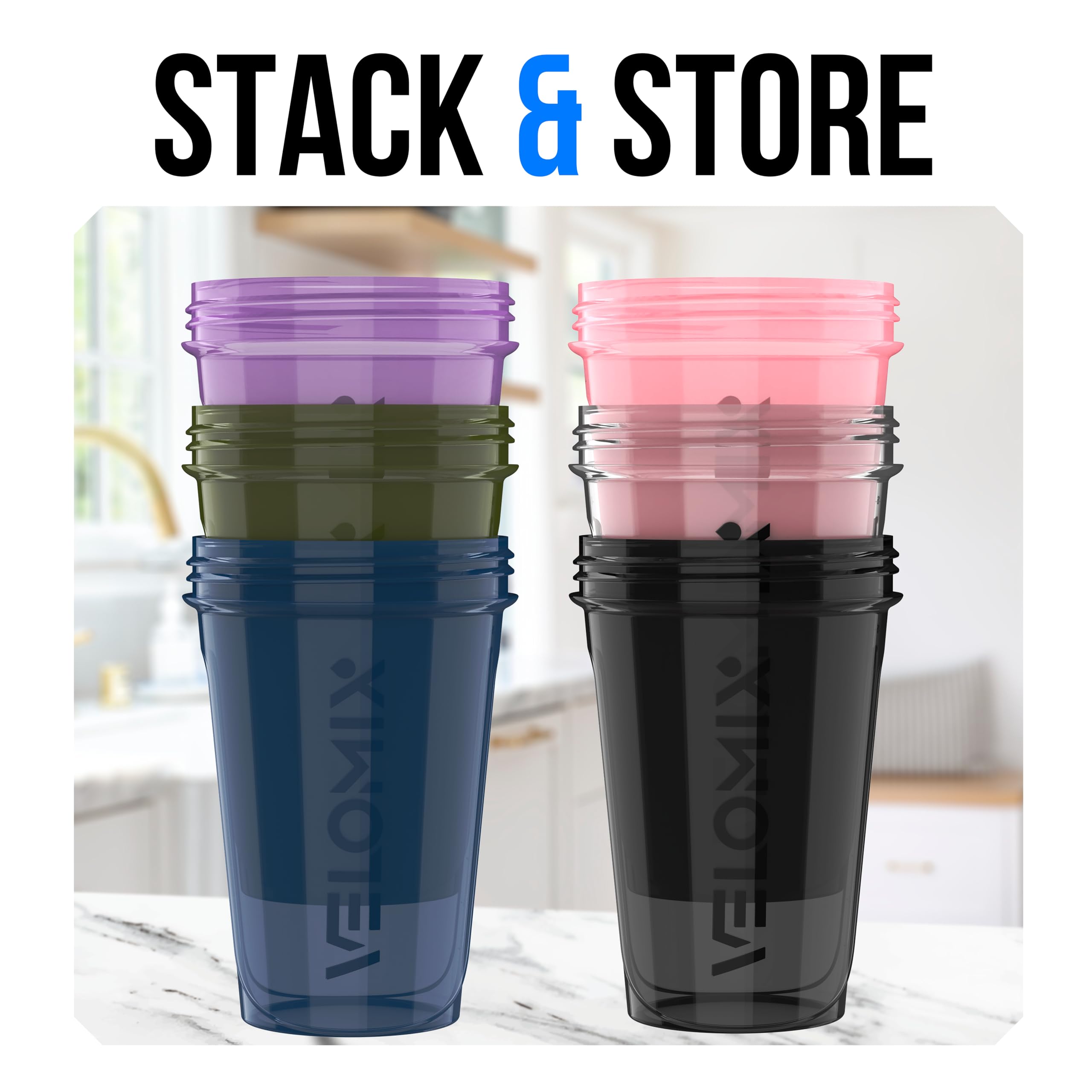 VELOMIX -6 PACK- 20 oz Protein Shaker Bottle for Protein Mixes - 6x Wire Whisk | Leak Proof Shaker Cups for Protein Shakes| Stackable Protein Shaker Bottle Pack | Dishwasher Safe (Muted Contrast)
