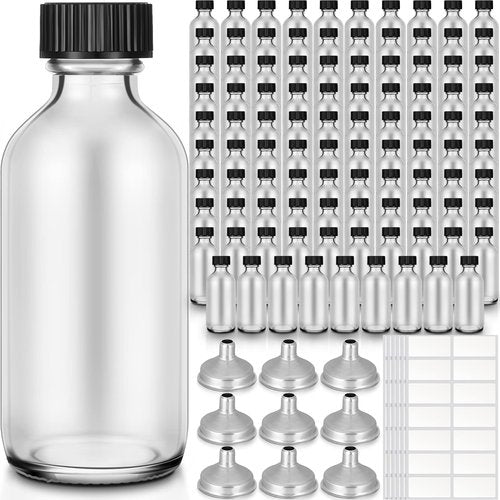 Nuogo 100 Pack 2 oz Glass Bottles with Lids Clear Juice Shot Sample Bottles with Cap Small Boston Round for Potion, Juice, Ginger Shots, Oils, Whiskey, Liquids(Clear)