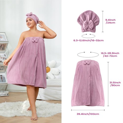 Bonahora Towel Wrap for Women Plus Size (XXL-XXXXL), Lightweight Spa Bath Wrap Set Soft Comfortable Absorb Water Bath Towel + Hair Drying Towel Set Oversized Adjustable Body Wrap with Bow (Purple)
