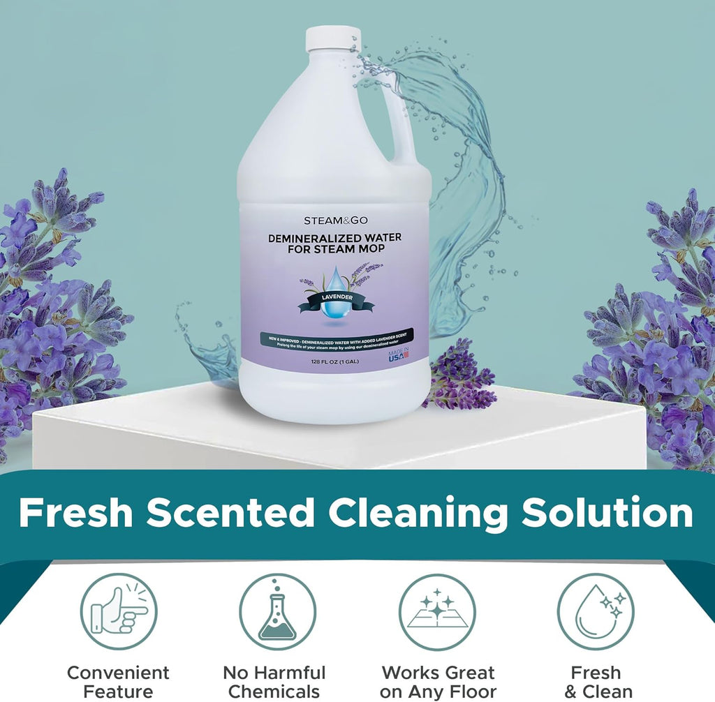 Steam & Go Demineralized Water | PVC-Free Multi-Surface Cleaner for All Steam Mops - Lavender Scent, 128 Fl Oz