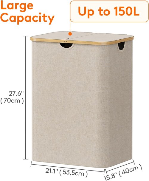 Lifewit 150L Laundry Basket - Foldable Hamper with Lid & Bamboo Handles | Beige, Large Capacity